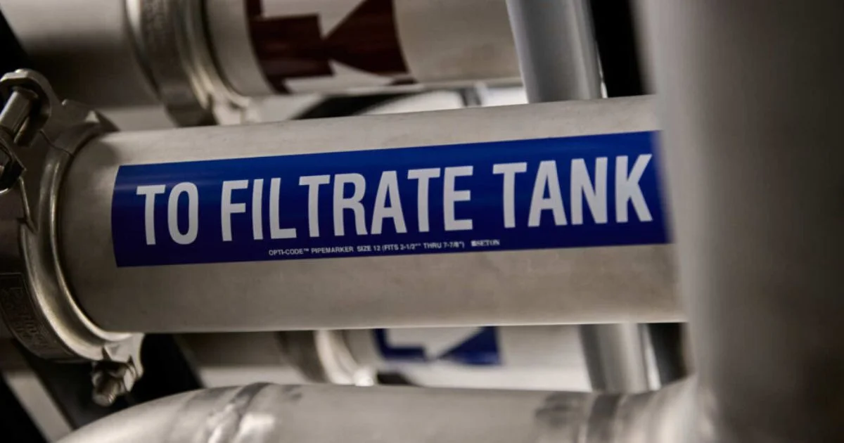 Close-up of pipe labeled directing flow to filtrate tank.
